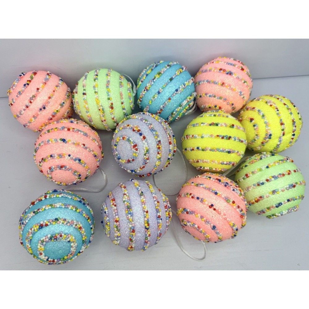 Lot Of 12 Pastel Christmas Ornaments 3" Lightweight Foam Ball Sprinkles Glitter